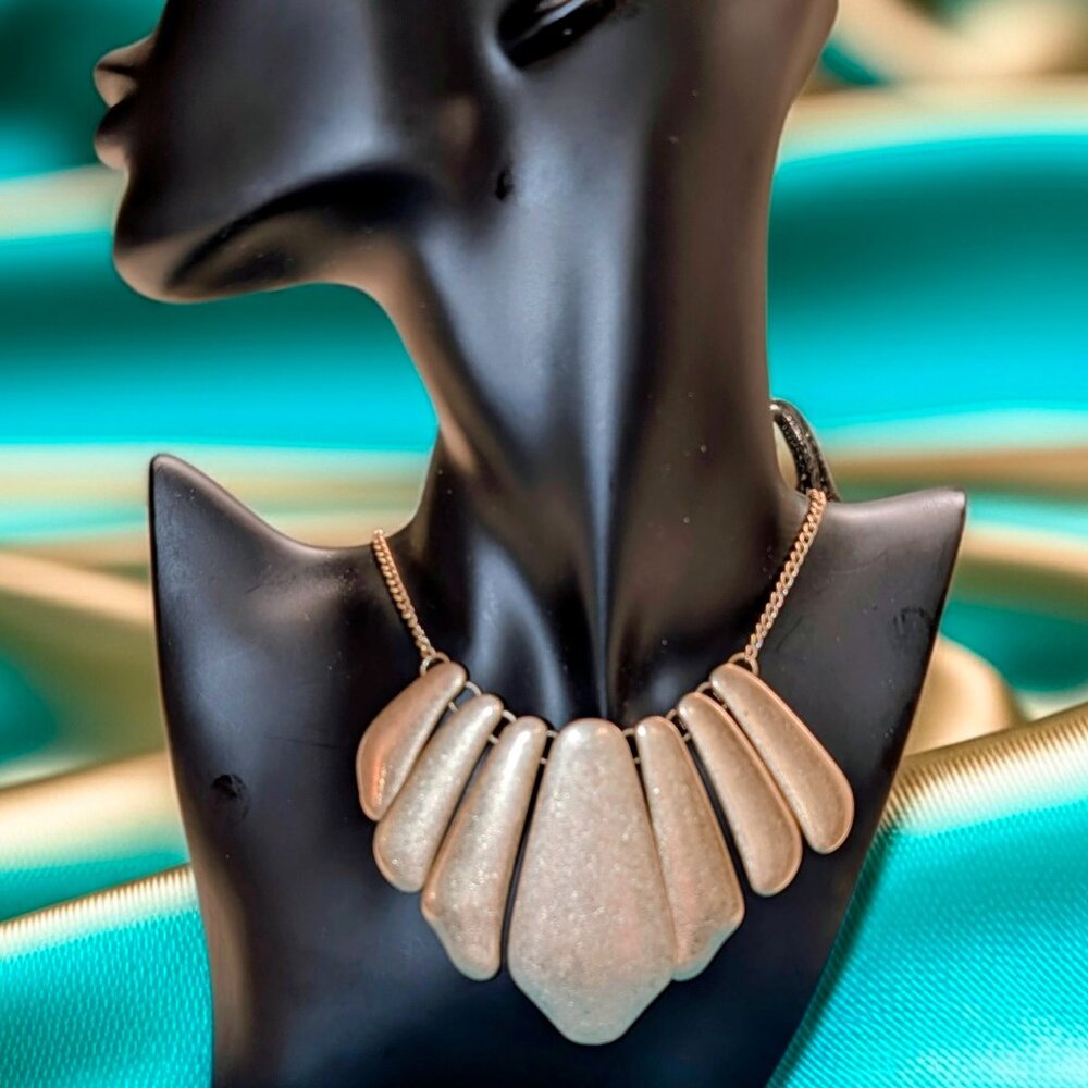 Vintage 1980s Art Deco Revival Gold Bib Statement Necklace Satin Finish